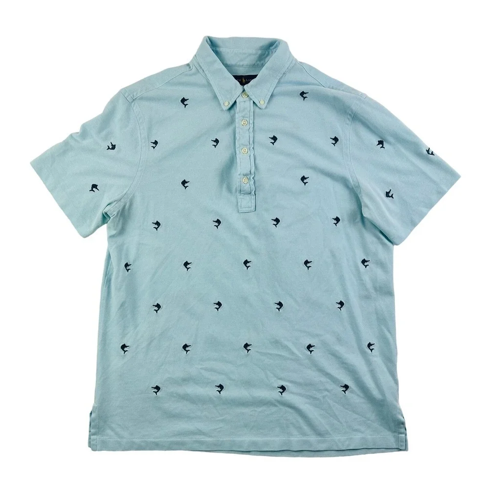 Ralph Lauren Lt Blue w/ Embroidered Marlin All‎ Over Knit Oxford Polo Shirt XL